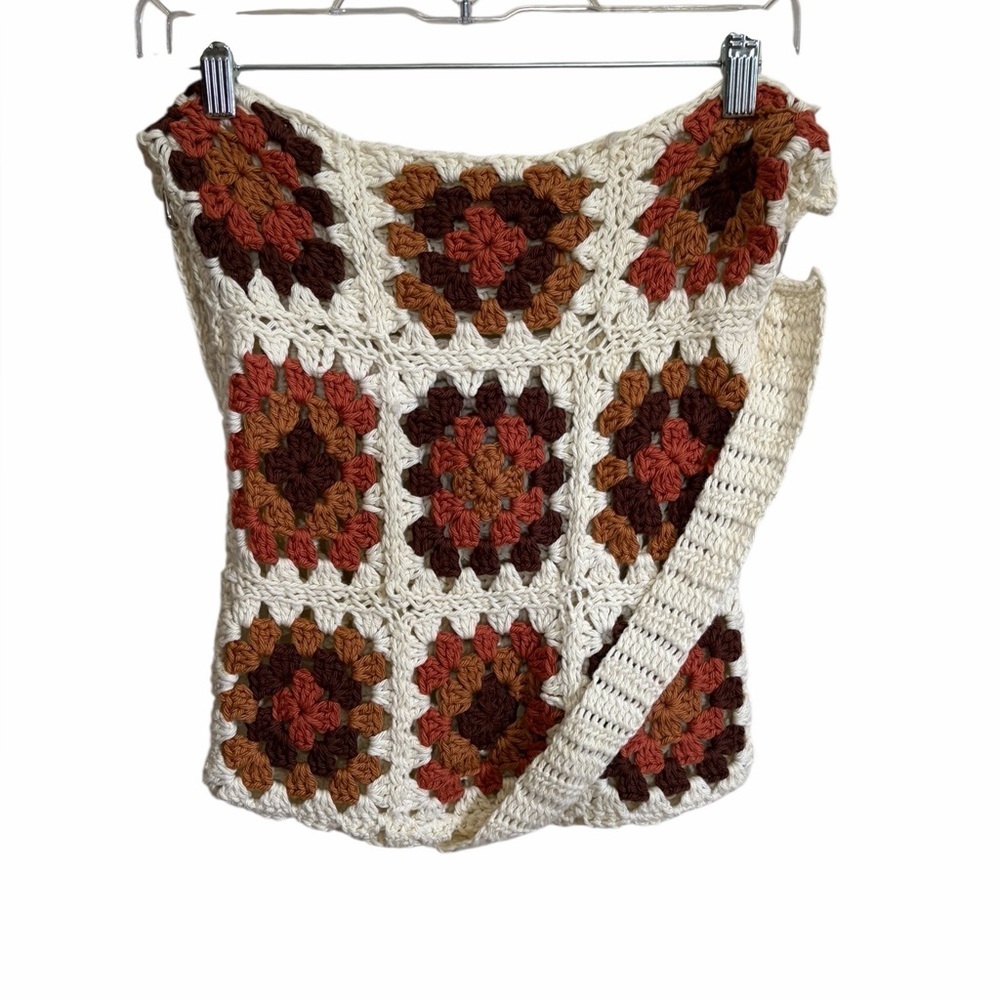 Handmade Crochet Granny Square Tote in Cream, Rust & Brown